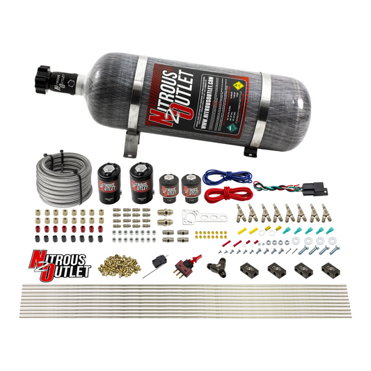 Nitrous Outlet 8 Cylinder Dual Stage Direct Port System - Four .122 Nitrous Solenoids/Four .177 Fuel Solenoids/Compact Distribution Blocks/Compression Fittings/Annular Discharge Nozzles (Gas)(5-7-10 psi)(100-400HP)(12lb Bottle)