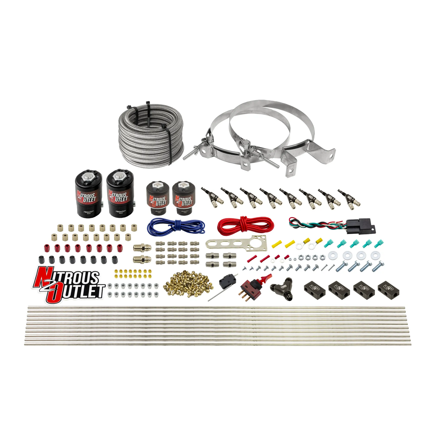 Nitrous Outlet 8 Cylinder Direct Port System - Two .112 Nitrous Solenoids/Two .177 Fuel Solenoids/Compact Distribution Blocks/Compression Fittings/90 Degree Discharge Nozzles (Gas)(5-7-10 psi)(100-400HP)(No Bottle)