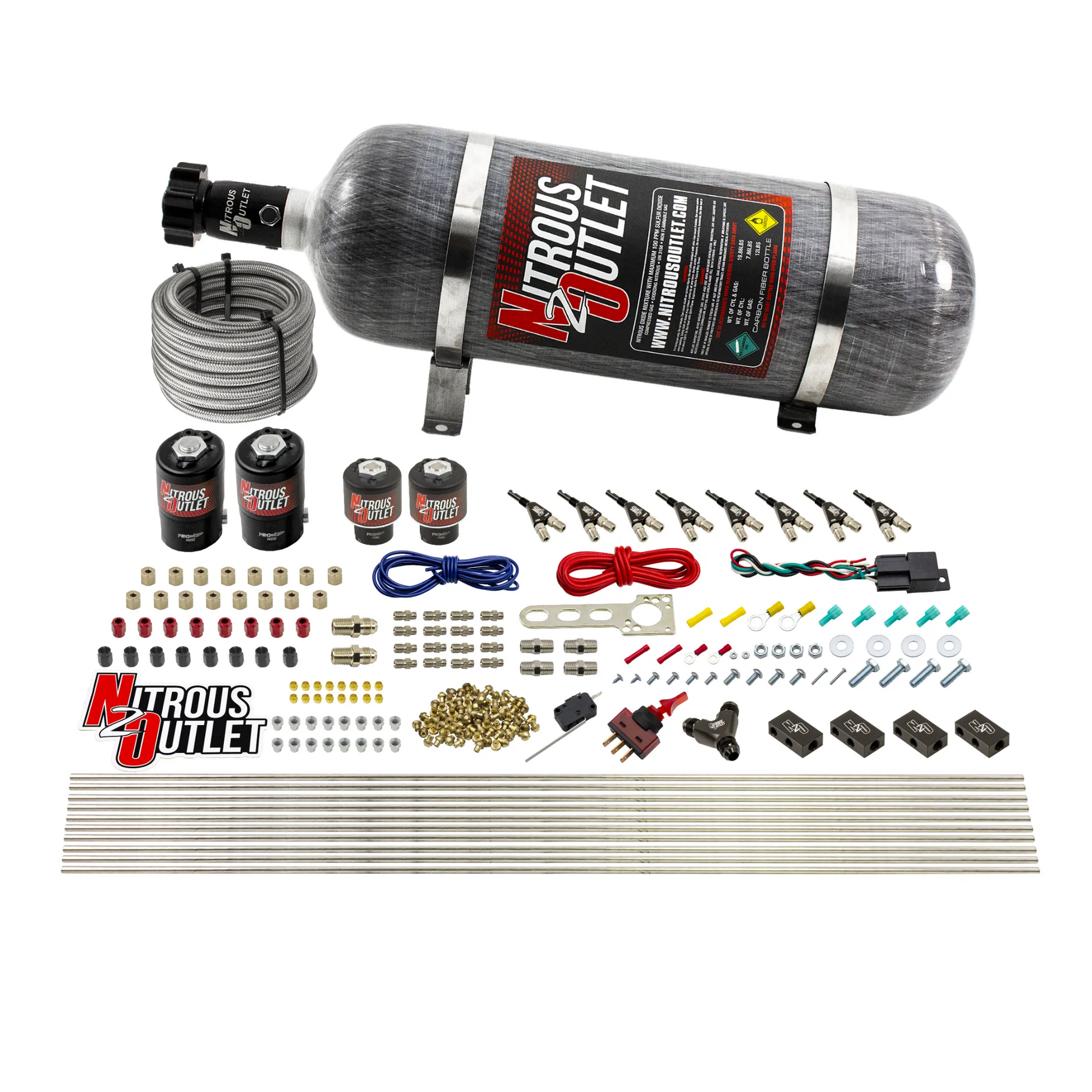 Nitrous Outlet 8 Cylinder Direct Port System - Two .112 Nitrous Solenoids/Two .177 Fuel Solenoids/Compact Distribution Blocks/Compression Fittings/90 Degree Discharge Nozzles (Gas)(5-7-10 psi)(100-400HP)(12lb Bottle)