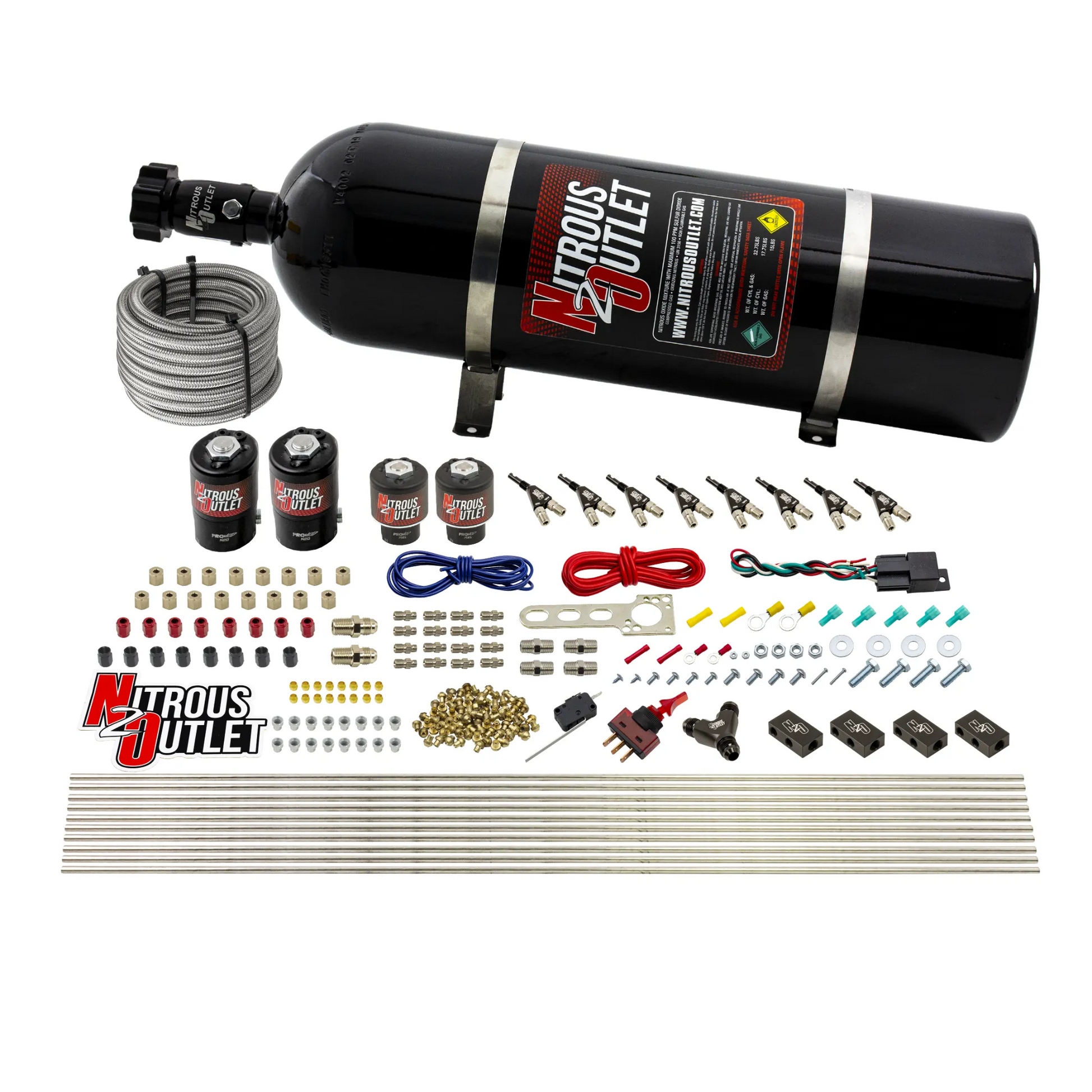 Nitrous Outlet 8 Cylinder Direct Port System - Two .112 Nitrous Solenoids/Two .177 Fuel Solenoids/Compact Distribution Blocks/Compression Fittings/90 Degree Discharge Nozzles (Gas)(5-7-10 psi)(100-400HP)(15lb Bottle)