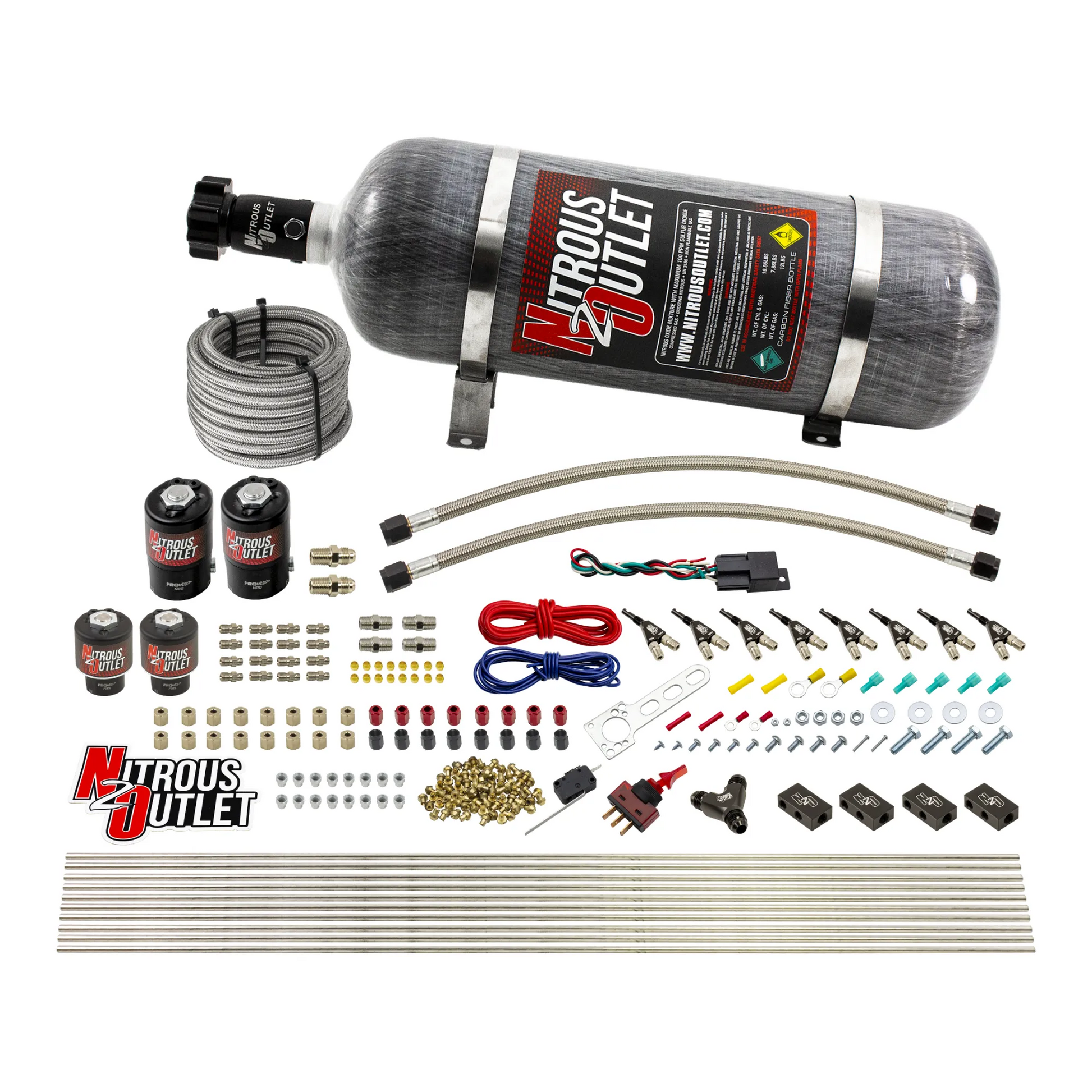 Nitrous Outlet 8 Cylinder Direct Port System - Two .122 Nitrous Solenoids/Two .177 Fuel Solenoids/Compact Distribution Blocks/Compression Fittings/90 Degree Discharge Nozzles (E85)(45-55 psi)(100-400HP)(12lb Bottle)