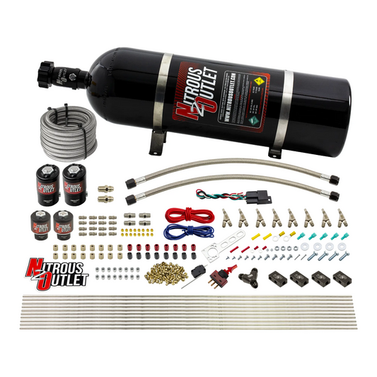 Nitrous Outlet 8 Cylinder Direct Port System - Two .122 Nitrous Solenoids/Two .177 Fuel Solenoids/Compact Distribution Blocks/Compression Fittings/Annular Discharge Nozzles (E85)(45-55 psi)(100-400HP)(15lb Bottle)