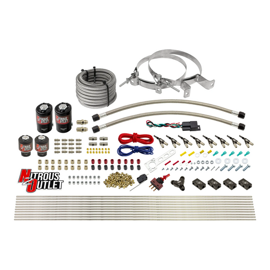 Nitrous Outlet 8 Cylinder Direct Port System - Two .112 Nitrous Solenoids/Two .177 Fuel Solenoids/Compact Distribution Blocks/Compression Fittings/90 Degree Discharge Nozzles (E85)(45-55 psi)(100-400HP)(No Bottle)