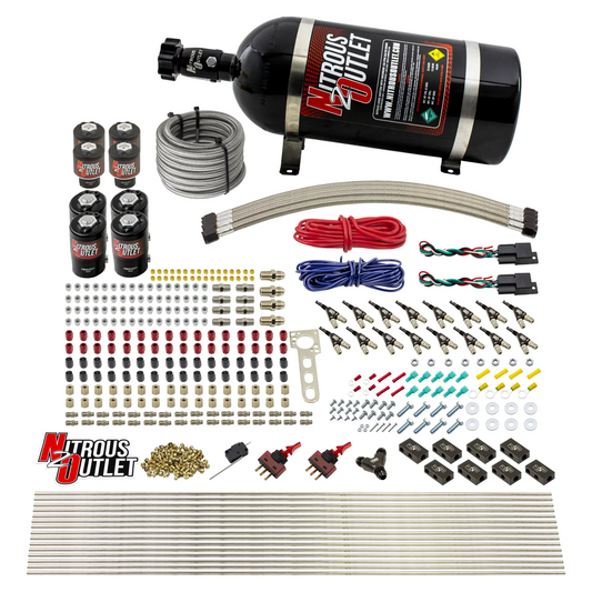 Nitrous Outlet 8 Cylinder Dual Stage Direct Port System - Four .112 Nitrous Solenoids/Four .177 Fuel Solenoids/Compact Distribution Blocks/Compression Fittings/90 Degree Discharge Nozzles (E85)(45-55 psi)(100-400HP)(10lb Bottle)