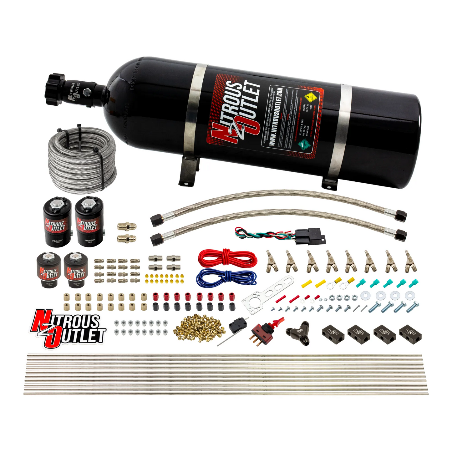 Nitrous Outlet 8 Cylinder Direct Port System - Two .112 Nitrous Solenoids/Two .177 Fuel Solenoids/Compact Distribution Blocks/Compression Fittings/Annular Discharge Nozzles (E85)(45-55 psi)(100-400HP)(15lb Bottle)