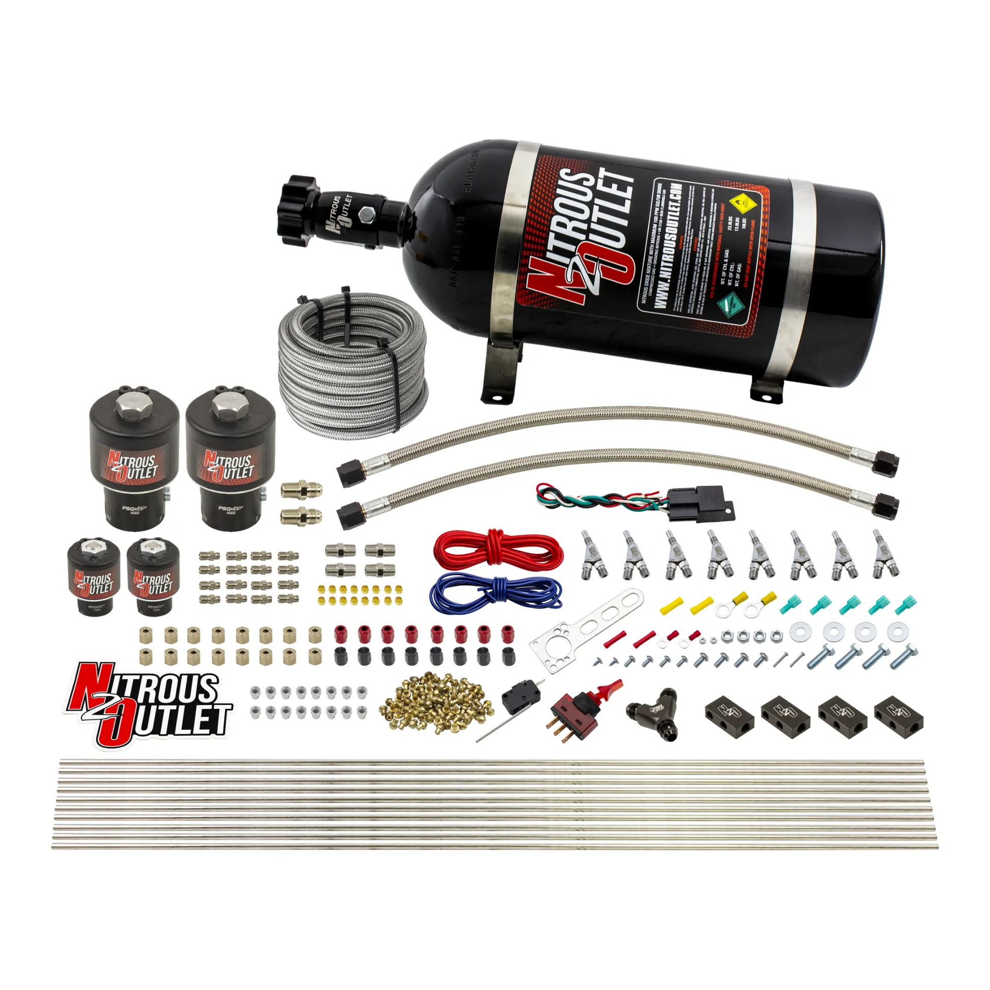 Nitrous Outlet 8 Cylinder Direct Port System - Two .178 Trashcan Nitrous Solenoids/Two .177 Fuel Solenoids/Compact Distribution Blocks/Compression Fittings/Annular Discharge Nozzles (E85)(45-55 psi)(100-400HP)(10lb Bottle)