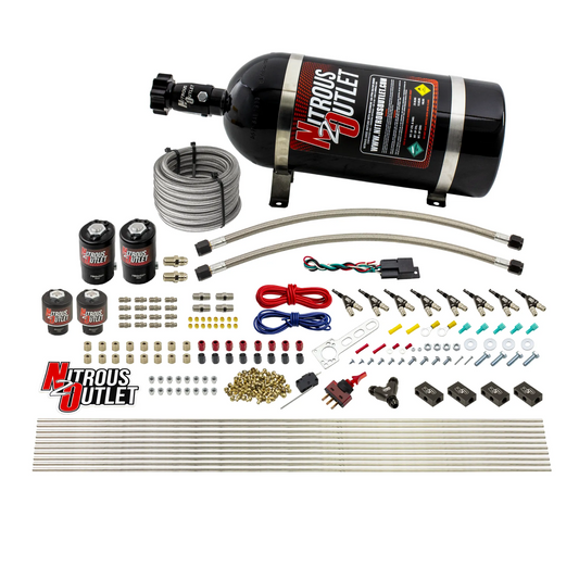 Nitrous Outlet 8 Cylinder Direct Port System - Two .122 Nitrous Solenoids/Two .177 Fuel Solenoids/Compact Distribution Blocks/Compression Fittings/90 Degree Discharge Nozzles (Gas)(45-55 psi)(100-400HP)(10lb Bottle)