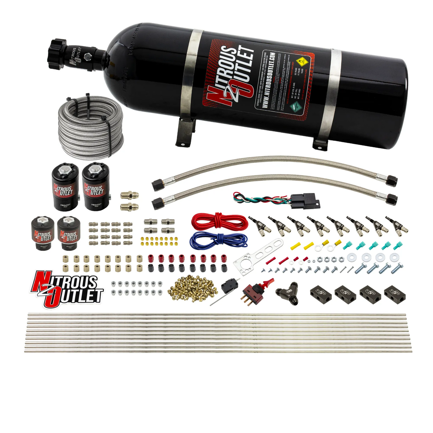 Nitrous Outlet 8 Cylinder Direct Port System - Two .122 Nitrous Solenoids/Two .177 Fuel Solenoids/Compact Distribution Blocks/Compression Fittings/90 Degree Discharge Nozzles (Gas)(45-55 psi)(100-400HP)(15lb Bottle)