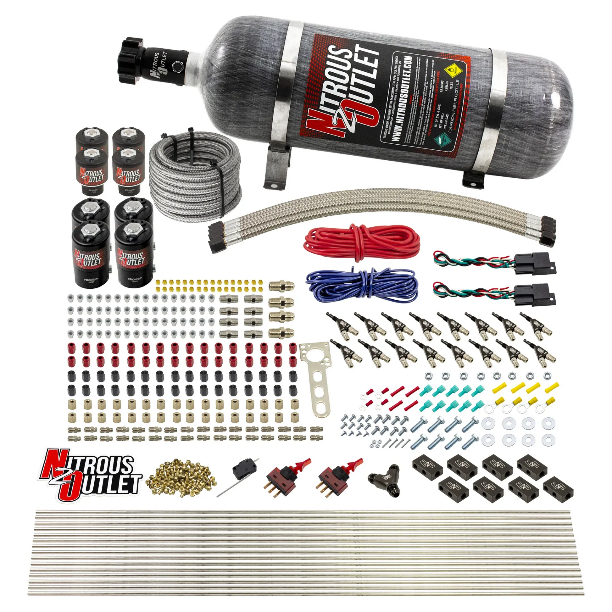 Nitrous Outlet 8 Cylinder Dual Stage Direct Port System - Four .122 Nitrous Solenoids/Four .177 Fuel Solenoids/Compact Distribution Blocks/Compression Fittings/90 Degree Discharge Nozzles (Gas)(45-55 psi)(100-400HP)(12lb Bottle)