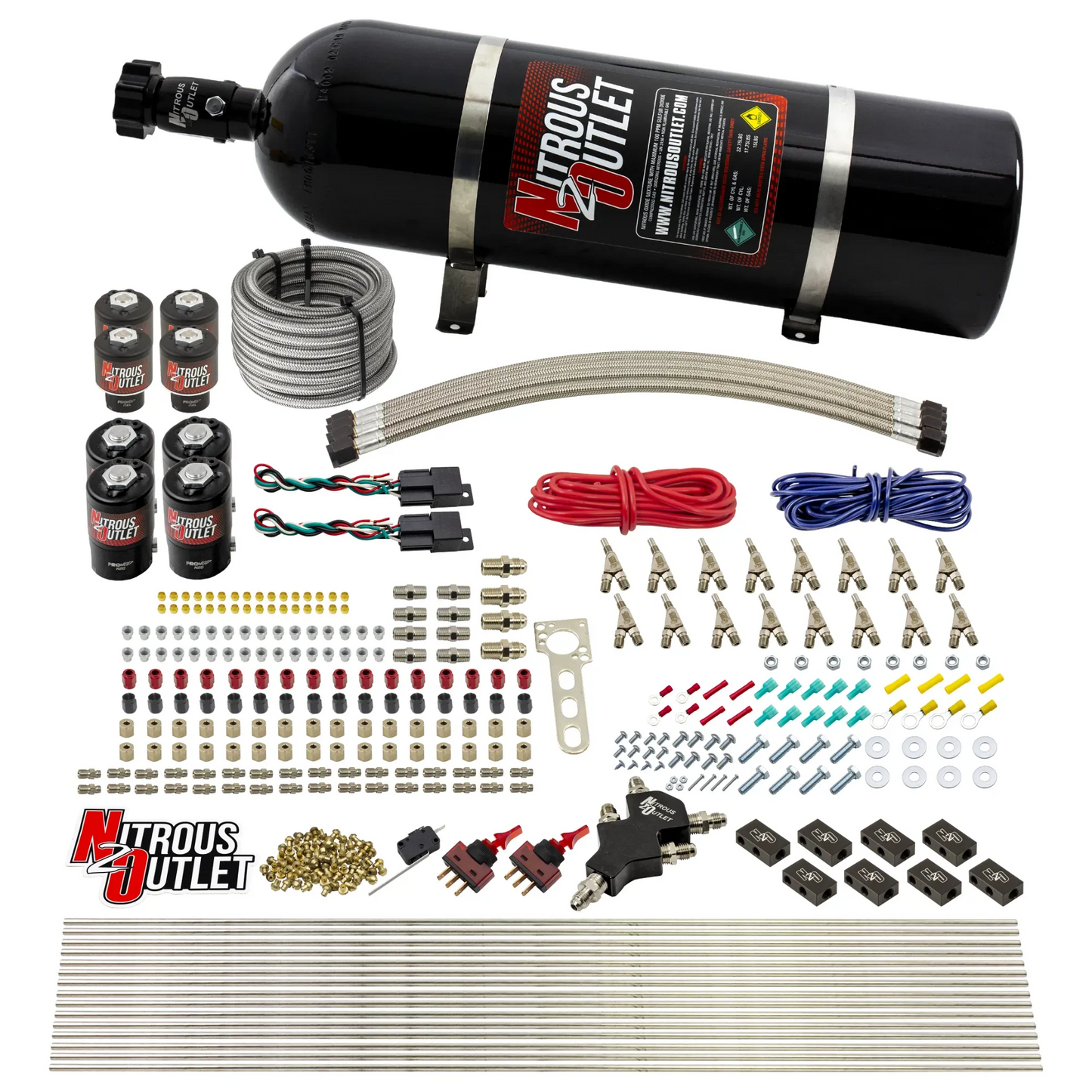 Nitrous Outlet 8 Cylinder Dual Stage Direct Port System - Four .122 Nitrous Solenoids/Four .177 Fuel Solenoids/Compact Distribution Blocks/Compression Fittings/Annular Discharge Nozzles (Gas)(45-55 psi)(100-400HP)(15lb Bottle)