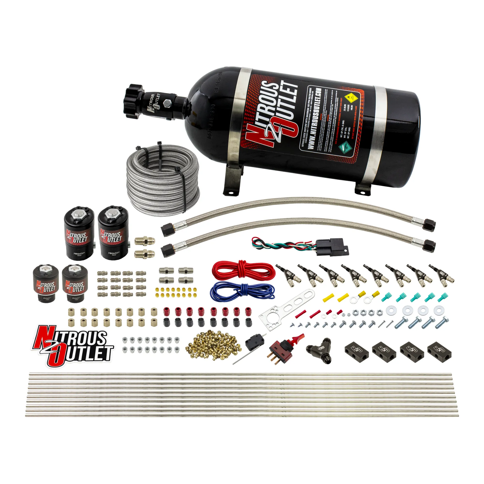 Nitrous Outlet 8 Cylinder Direct Port System - Two .112 Nitrous Solenoids/Two .177 Fuel Solenoids/Compact Distribution Blocks/Compression Fittings/90 Degree Discharge Nozzles (Gas)(45-55 psi)(100-400HP)(10lb Bottle)