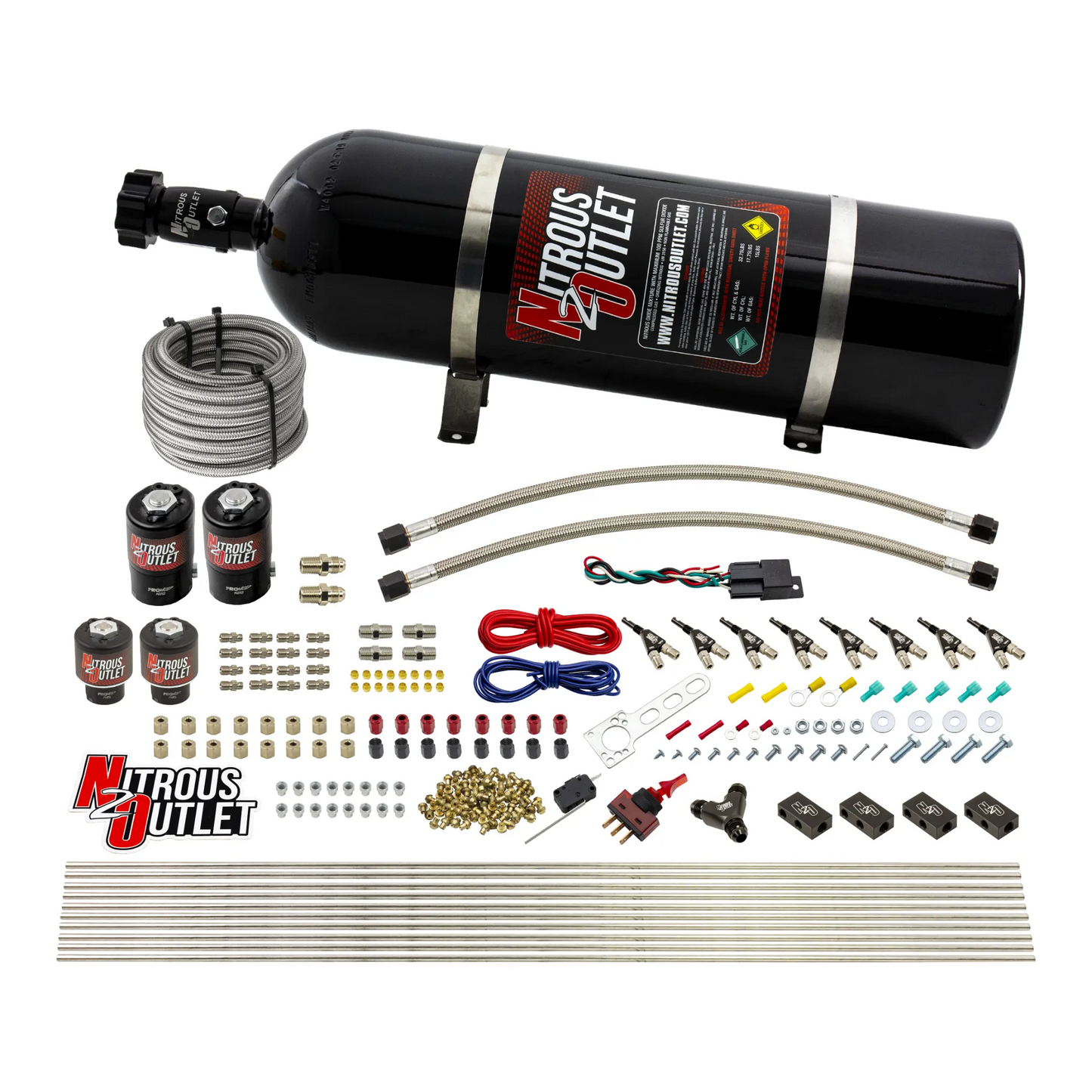 Nitrous Outlet 8 Cylinder Direct Port System - Two .112 Nitrous Solenoids/Two .177 Fuel Solenoids/Compact Distribution Blocks/Compression Fittings/90 Degree Discharge Nozzles (Gas)(45-55 psi)(100-400HP)(15lb Bottle)