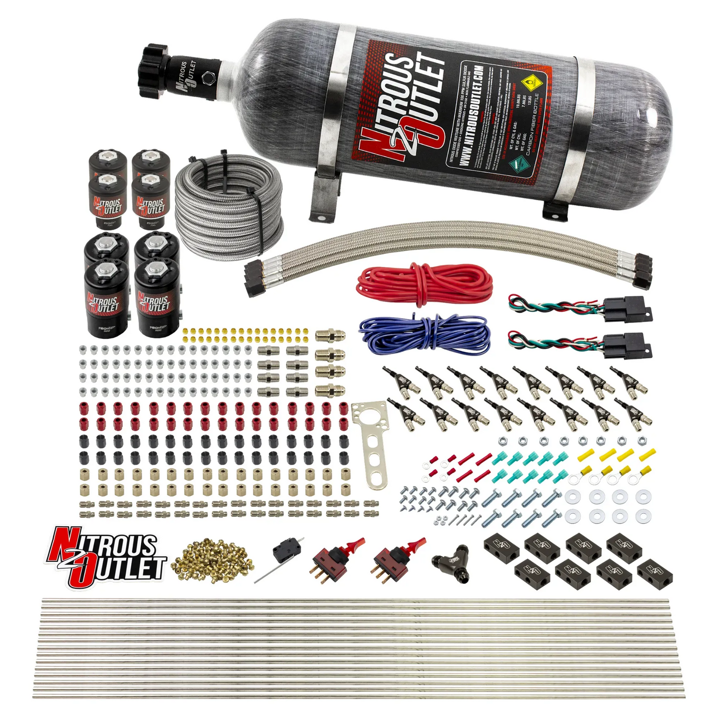 Nitrous Outlet 8 Cylinder Dual Stage Direct Port System - Four .112 Nitrous Solenoids/Four .177 Fuel Solenoids/Compact Distribution Blocks/Compression Fittings/90 Degree Discharge Nozzles (Gas)(45-55 psi)(100-400HP)(12lb Bottle)