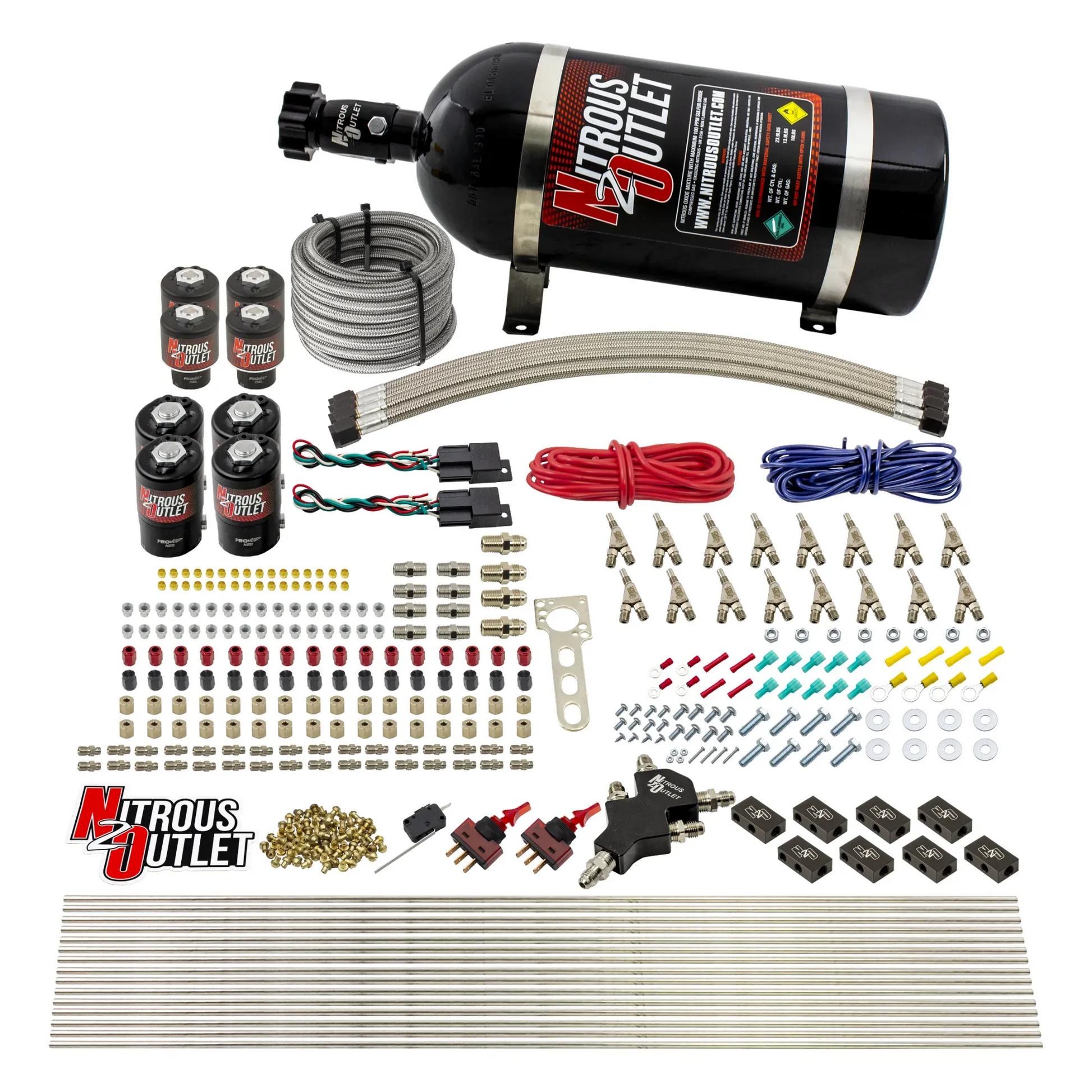 Nitrous Outlet 8 Cylinder Dual Stage Direct Port System - Four .112 Nitrous Solenoids/Four .177 Fuel Solenoids/Compact Distribution Blocks/Compression Fittings/Annular Discharge Nozzles (Gas)(45-55 psi)(100-400HP)(10lb Bottle)