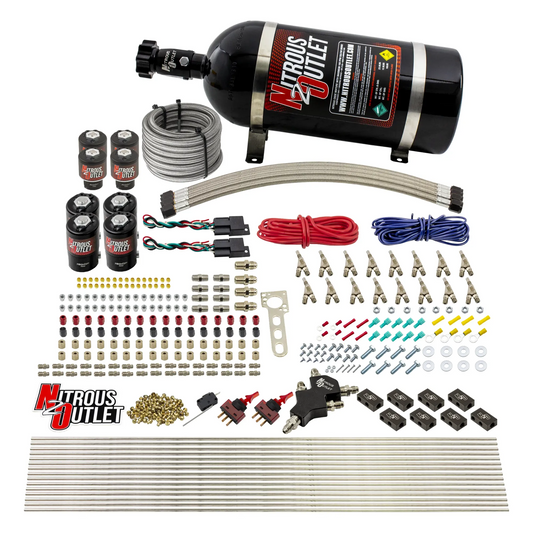 Nitrous Outlet 8 Cylinder Dual Stage Direct Port System - Four .112 Nitrous Solenoids/Four .177 Fuel Solenoids/Compact Distribution Blocks/Compression Fittings/Annular Discharge Nozzles (Gas)(45-55 psi)(100-400HP)(10lb Bottle)