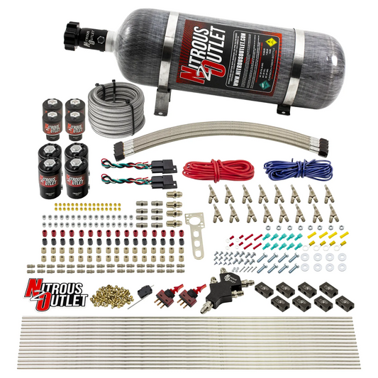 Nitrous Outlet 8 Cylinder Dual Stage Direct Port System - Four .112 Nitrous Solenoids/Four .177 Fuel Solenoids/Compact Distribution Blocks/Compression Fittings/Annular Discharge Nozzles (Gas)(45-55 psi)(100-400HP)(12lb Bottle)