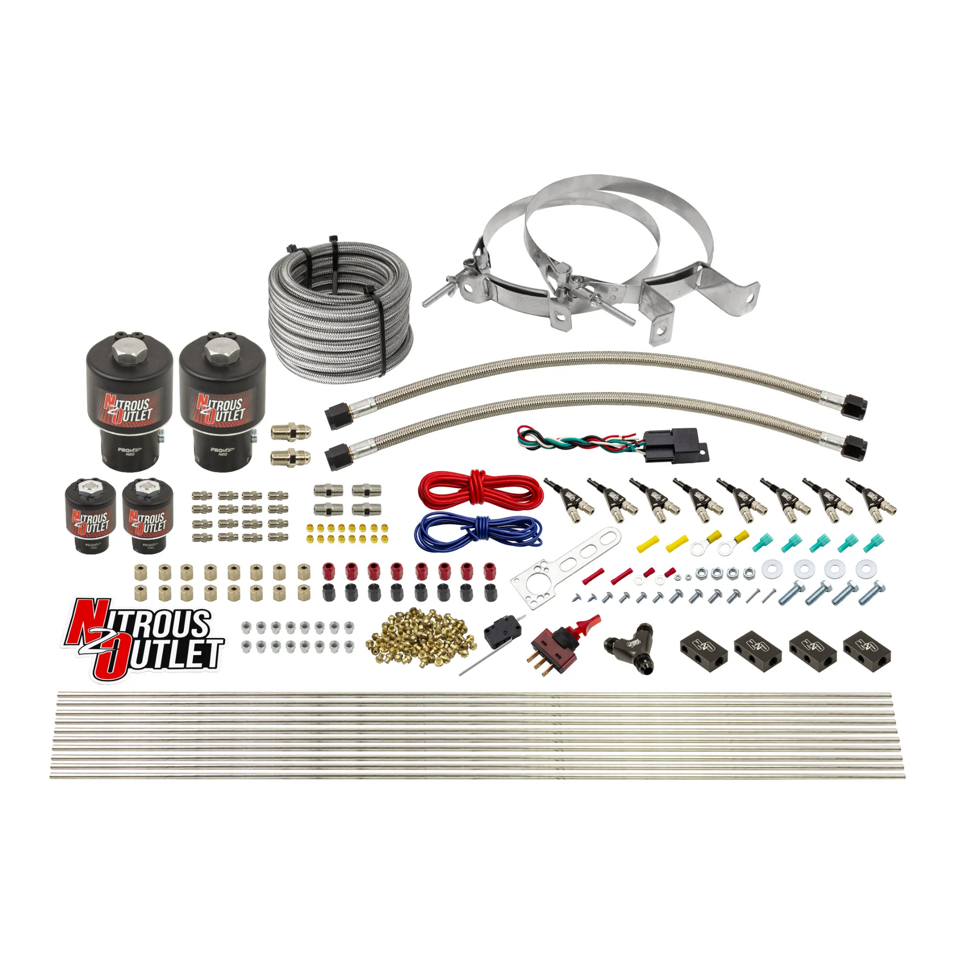 Nitrous Outlet 8 Cylinder Direct Port System - Two .178 Trashcan Nitrous Solenoids/Two .177 Fuel Solenoids/Compact Distribution Blocks/Compression Fittings/90 Degree Discharge Nozzles (Gas)(45-55 psi)(100-400HP)(No Bottle)