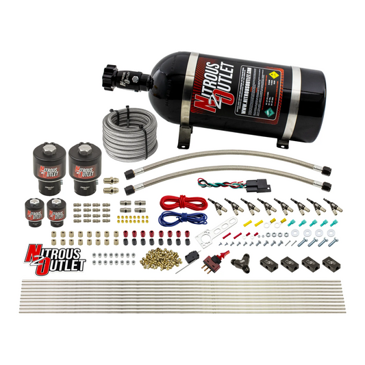 Nitrous Outlet 8 Cylinder Direct Port System - Two .178 Trashcan Nitrous Solenoids/Two .177 Fuel Solenoids/Compact Distribution Blocks/Compression Fittings/90 Degree Discharge Nozzles (Gas)(45-55psi)(100-400HP)(10lb Bottle)