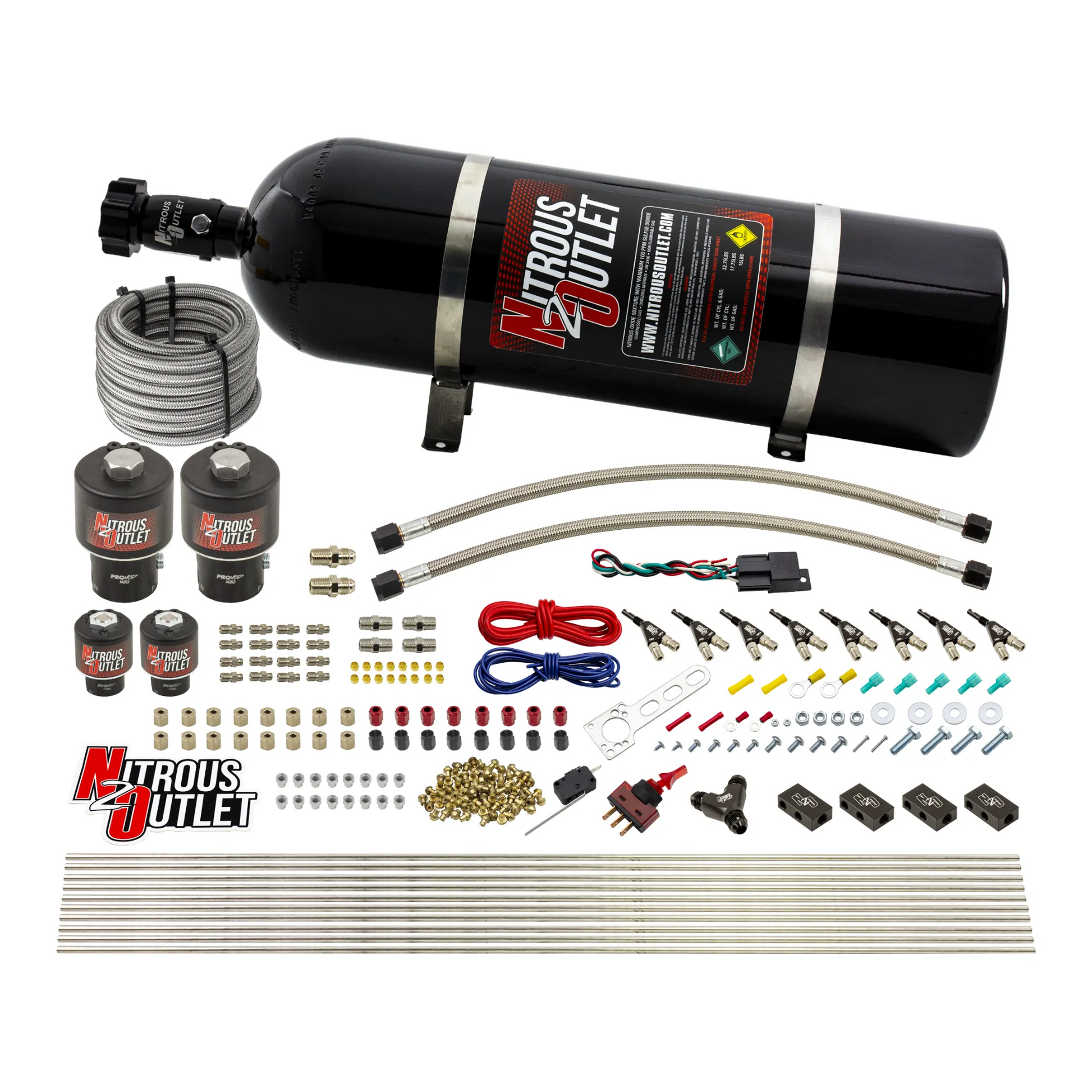 Nitrous Outlet 8 Cylinder Direct Port System - Two .178 Trashcan Nitrous Solenoids/Two .177 Fuel Solenoids/Compact Distribution Blocks/Compression Fittings/90 Degree Discharge Nozzles (Gas)(45-55 psi)(100-400HP)(15lb Bottle)