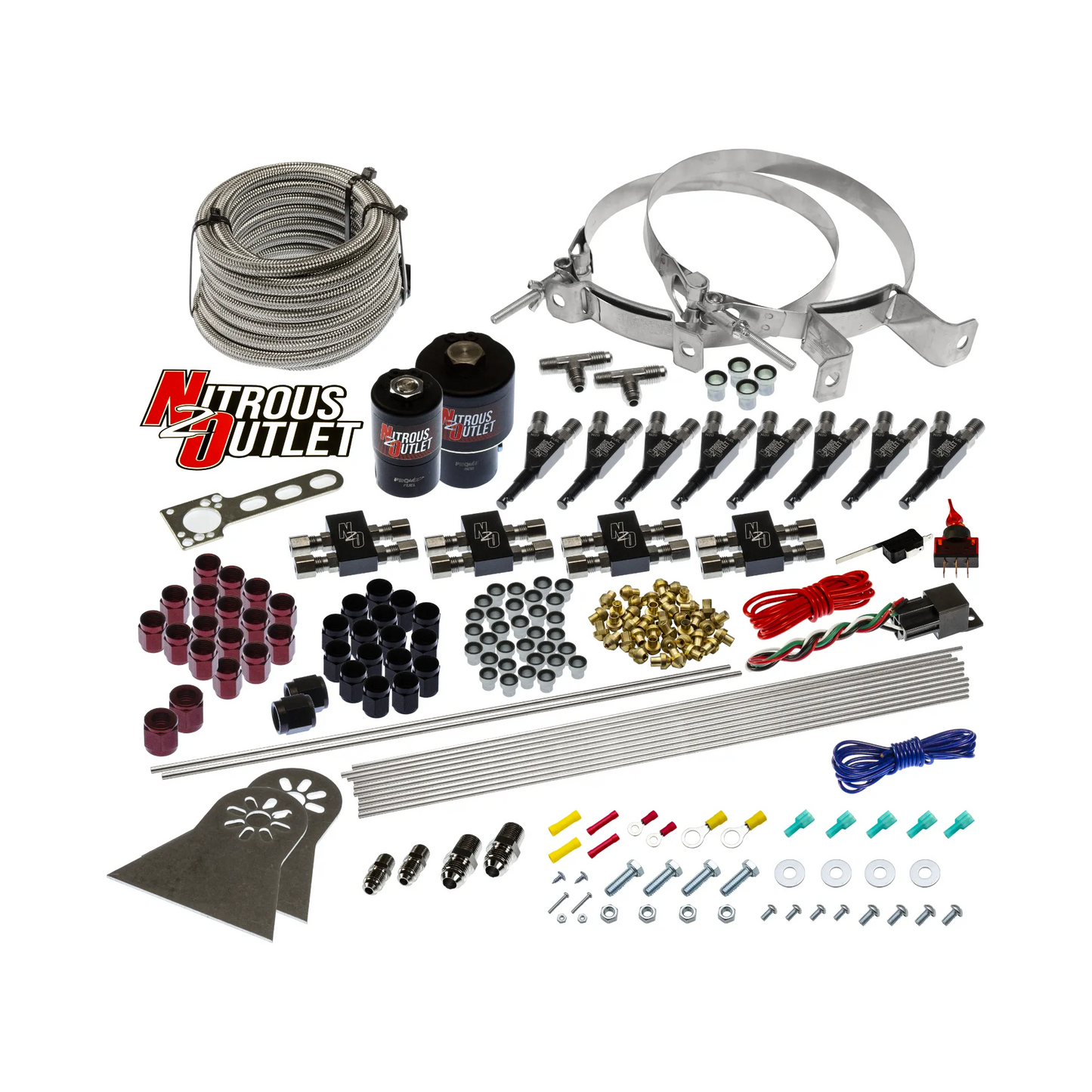 Nitrous Outlet 8 Cylinder Direct Port System - Two .178 Trashcan Nitrous Solenoids/Two .310 Fuel Solenoids/Compact Distribution Blocks/Compression Fittings/90 Degree Discharge Nozzles (Gas)(5-7-10 psi)(100-400 HP)(No Bottle)