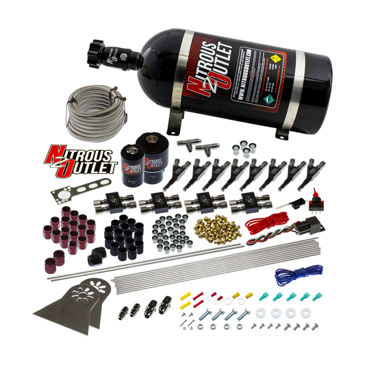 Nitrous Outlet 8 Cylinder Direct Port System - Two .178 Trashcan Nitrous Solenoids/Two .310 Fuel Solenoids/Compact Distribution Blocks/Compression Fittings/90 Degree Discharge Nozzles (Gas)(5-7-10 psi)(100-400 HP)(10lb Bottle)