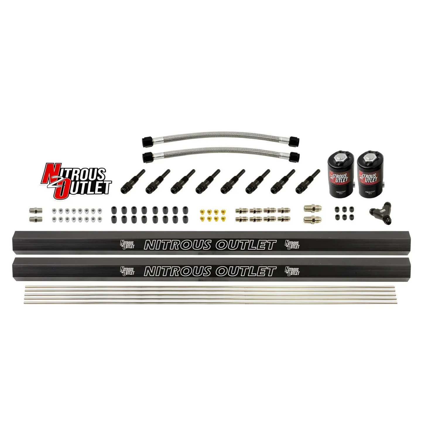 Nitrous Outlet Dry 8 Cylinder Solenoid Forward Direct Port Conversion Kit - Two .122 Nitrous Solenoid/Two Injection Rails/90 Degree Discharge Nozzles (Includes 200HP Jetting)