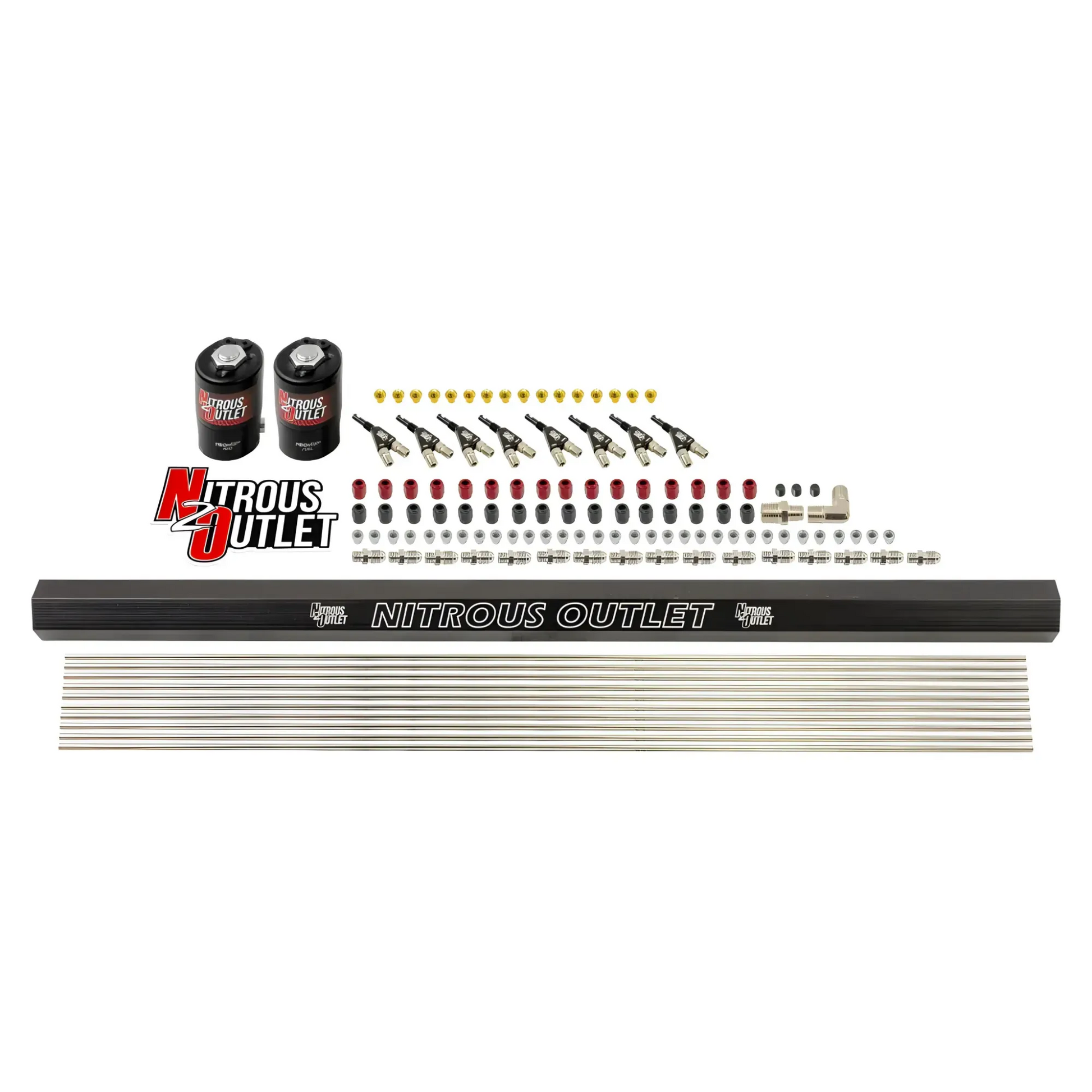 Nitrous Outlet 8 Cylinder Solenoids Forward Direct Port Conversion Kit - .122 Nitrous Solenoid/.310 Fuel Solenoid/Dual Passage Injection Rail/90 Degree Discharge Nozzles (Includes 200HP Jetting - Gas/7 psi)