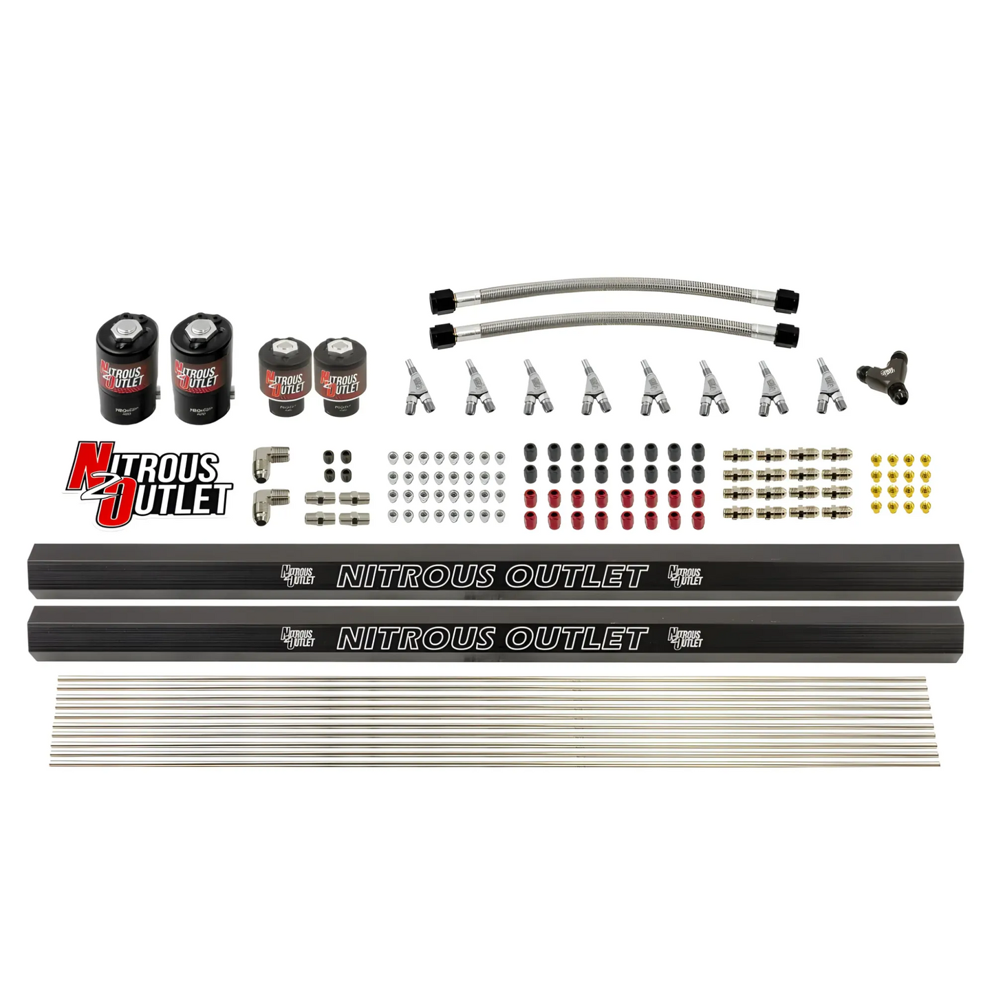 Nitrous Outlet 8 Cylinder Solenoids Forward Direct Port Conversion Kit - Two .122 Nitrous Solenoid/Two .177 Fuel Solenoid/Two Dual Passage Injection Rails/Annular Discharge Nozzles (Includes 200HP Jetting - Gas/7 psi)