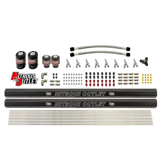 Nitrous Outlet 8 Cylinder Solenoids Forward Direct Port Conversion Kit - Two .122 Nitrous Solenoid/Two .177 Fuel Solenoid/Two Dual Passage Injection Rails/Annular Discharge Nozzles (Includes 200HP Jetting - Gas/7 psi)