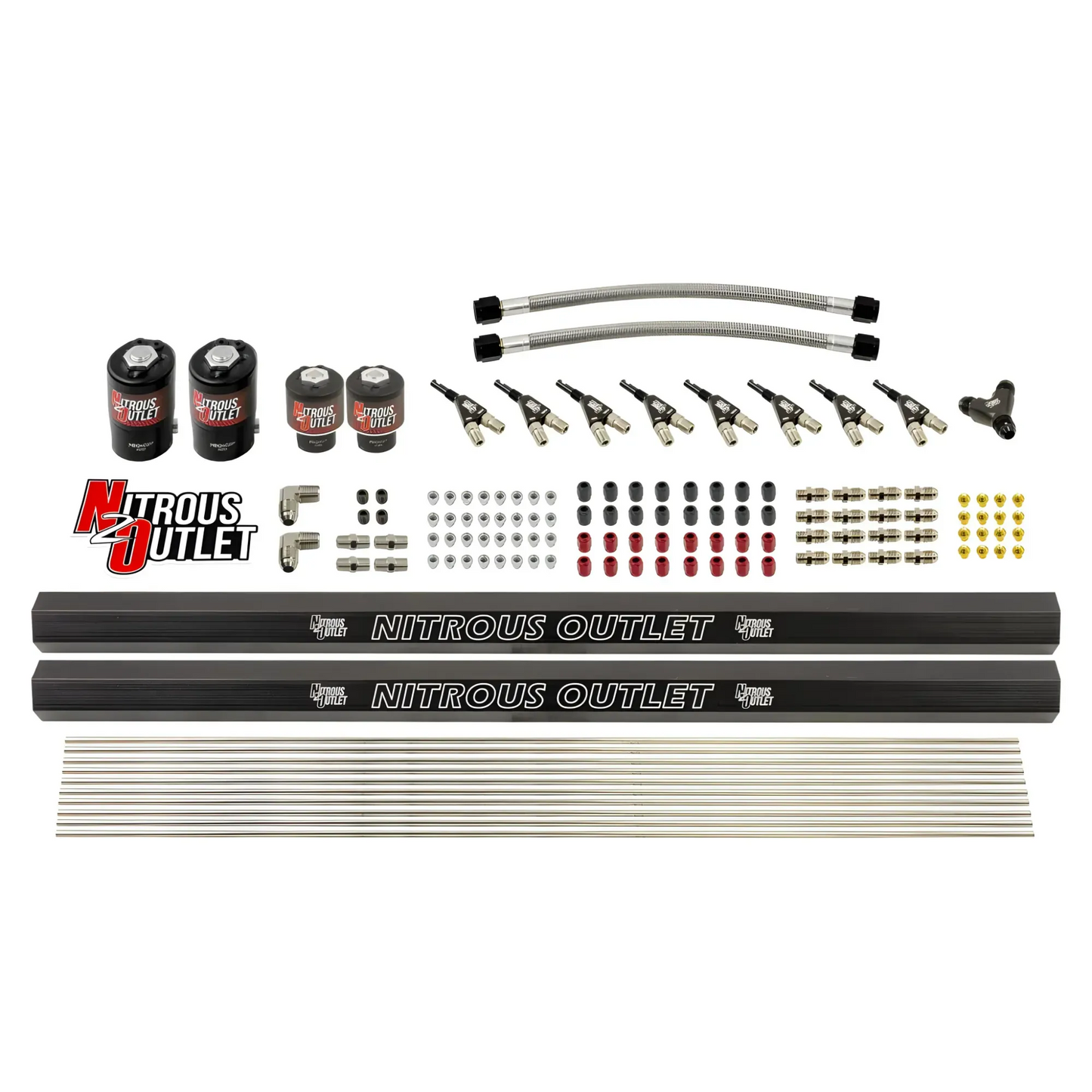 Nitrous Outlet 8 Cylinder Solenoids Forward Direct Port Conversion Kit - Two .122 Nitrous Solenoid/Two .177 Fuel Solenoid/Two Dual Passage Injection Rails/90 Degree Discharge Nozzles (Includes 200HP Jetting - Gas/7 psi)