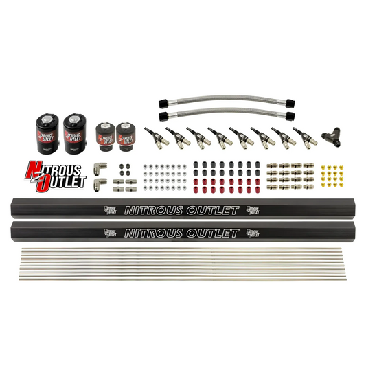 Nitrous Outlet 8 Cylinder Solenoids Forward Direct Port Conversion Kit - Two .122 Nitrous Solenoid/Two .177 Fuel Solenoid/Two Dual Passage Injection Rails/90 Degree Discharge Nozzles (Includes 200HP Jetting - Gas/7 psi)