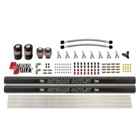 Nitrous Outlet 8 Cylinder Solenoids Forward Direct Port Conversion Kit - Two .112 Nitrous Solenoid/Two .177 Fuel Solenoid/Two Dual Passage Injection Rails/Annular Discharge Nozzles (Includes 200HP Jetting - Gas/7 psi)