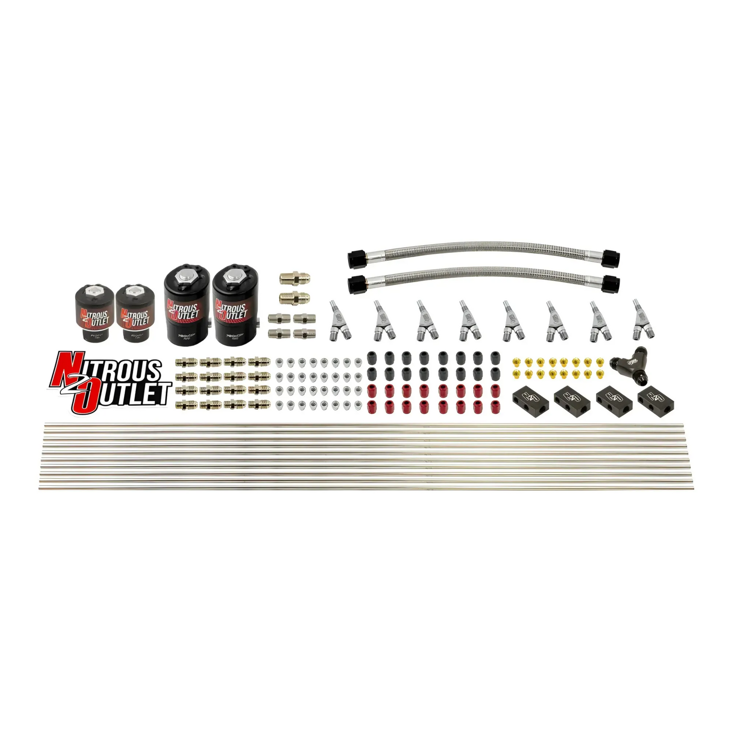 Nitrous Outlet 8 Cylinder Solenoids Forward Direct Port Conversion Kit - Two .112 Nitrous Solenoids/Two .177 Fuel Solenoids/Compact Distribution Blocks/Double B-Nuts/Annular Discharge Nozzles (Includes 200HP Jetting - Gas/7 psi)