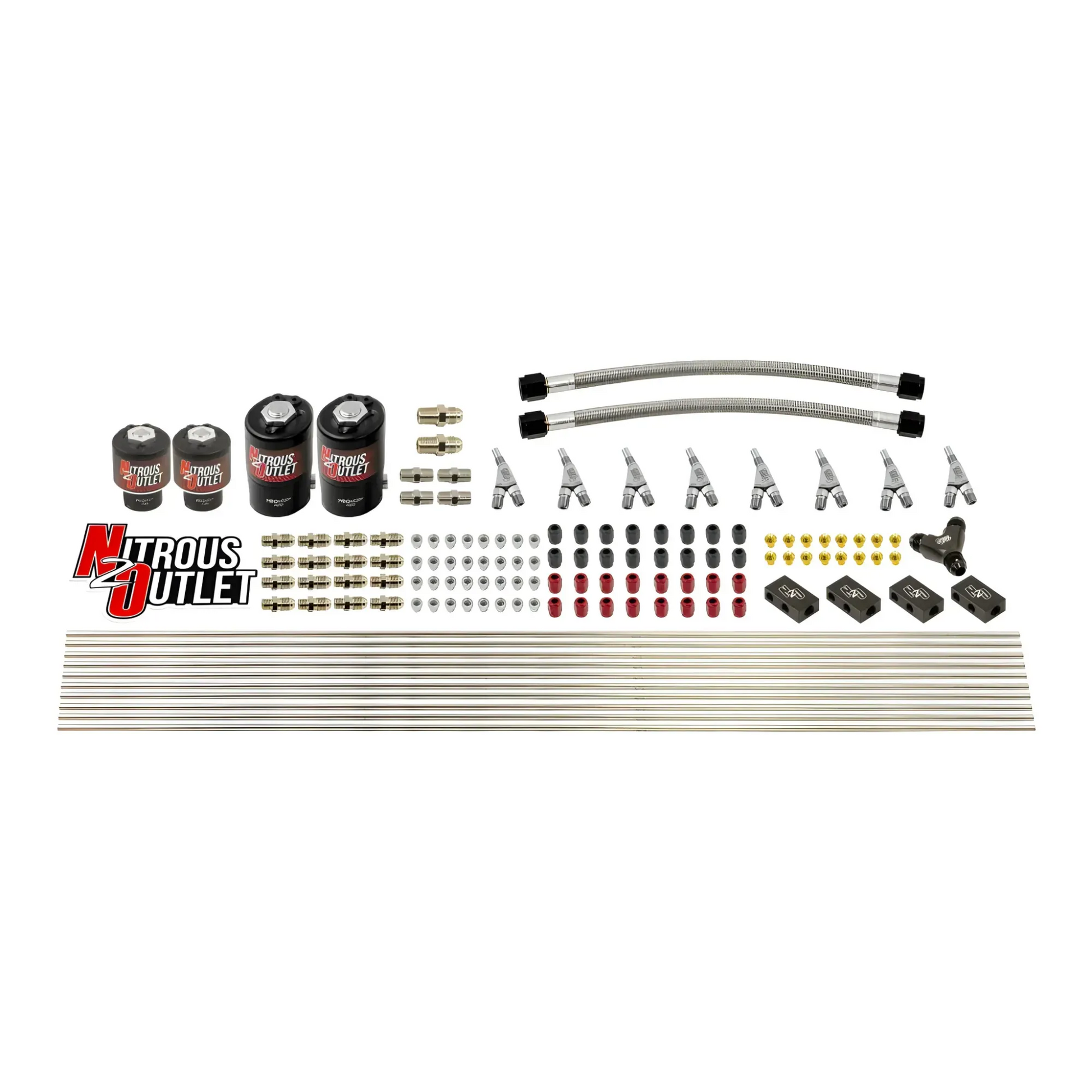 Nitrous Outlet 8 Cylinder Solenoids Forward Direct Port Conversion Kit - Two .112 Nitrous Solenoids/Two .177 Fuel Solenoids/Compact Distribution Blocks/Double B-Nuts/Annular Discharge Nozzles (Includes 200HP Jetting - Gas/7 psi)