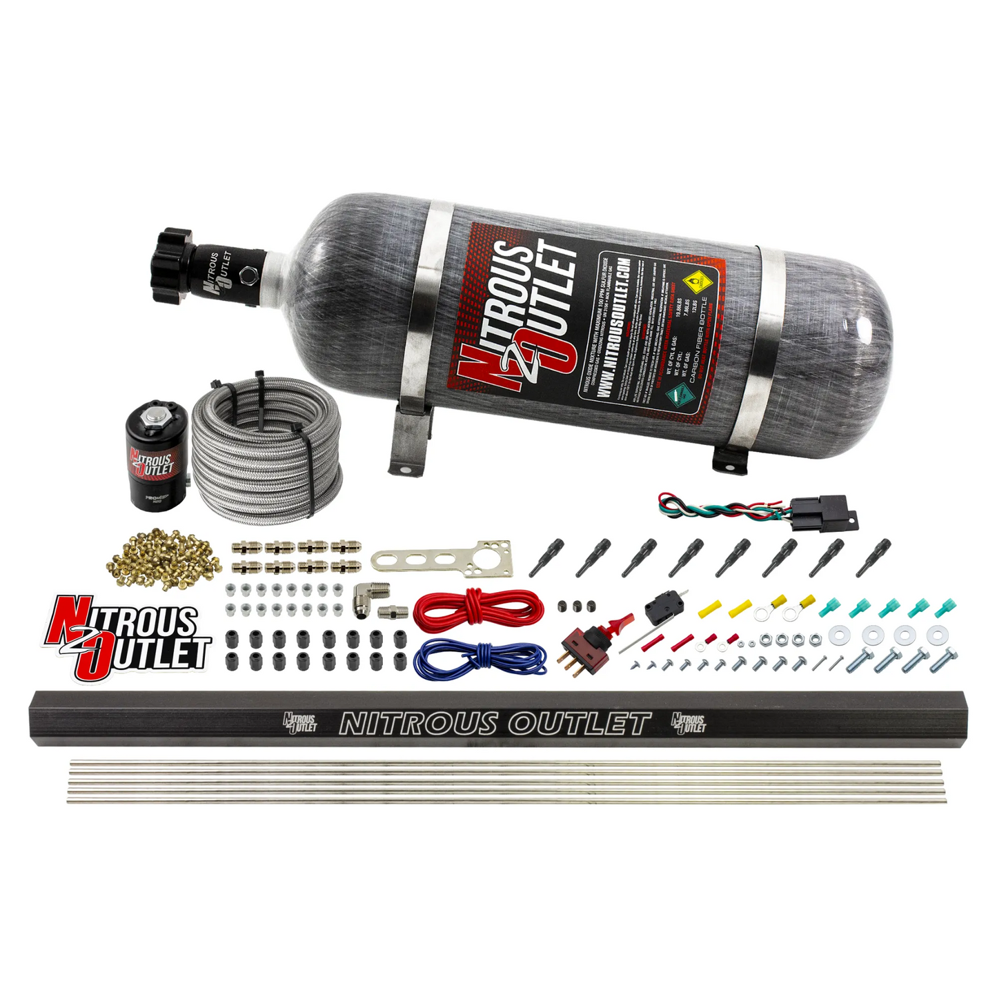 Nitrous Outlet Dry 8 Cylinder Direct Port System - .122 Nitrous Solenoid/Injection Rail/90 Degree Discharge Nozzles (100-400HP)(12lb Bottle)
