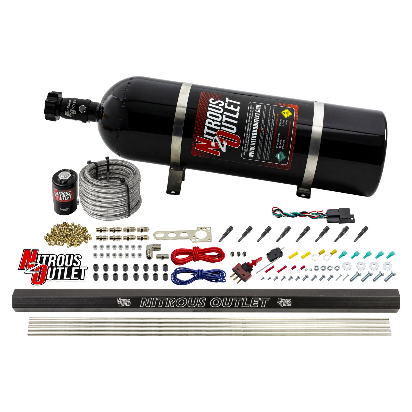 Nitrous Outlet Dry 8 Cylinder Direct Port System - .122 Nitrous Solenoid/Injection Rail/90 Degree Discharge Nozzles (100-400HP)(15lb Bottle)
