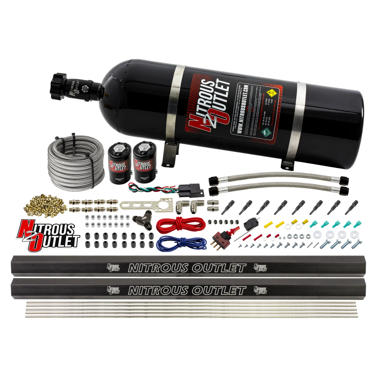 Nitrous Outlet Dry 8 Cylinder Direct Port System - Two .122 Nitrous Solenoids/Two Injection Rails/SBT Discharge Nozzles (100-400HP)(15lb Bottle)