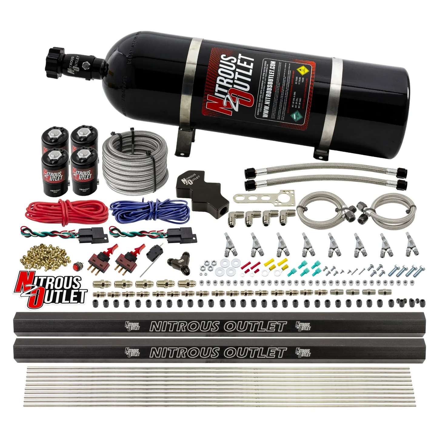 Nitrous Outlet Dry 8 Cylinder Direct Port System - Four .122 Nitrous Solenoids/Two Dual Passage Injection Rails/SBT Dual Passage Nozzles (100-400HP)(15lb Bottle)