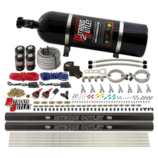 Nitrous Outlet Dry 8 Cylinder Direct Port System - Four .122 Nitrous Solenoids/Two Dual Passage Injection Rails/SBT Dual Passage Nozzles (100-400HP)(15lb Bottle)