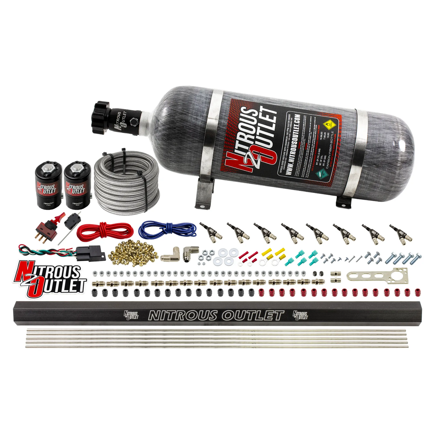 Nitrous Outlet 8 Cylinder Direct Port System - .122 Nitrous Solenoid/.310 Fuel Solenoid/Dual Passage Injection Rail/90 Degree Discharge Nozzles (Alcohol)(5-7-10 psi)(100-400HP)(12lb Bottle)