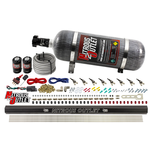 Nitrous Outlet 8 Cylinder Direct Port System - .122 Nitrous Solenoid/.310 Fuel Solenoid/Dual Passage Injection Rail/90 Degree Discharge Nozzles (Alcohol)(5-7-10 psi)(100-400HP)(12lb Bottle)