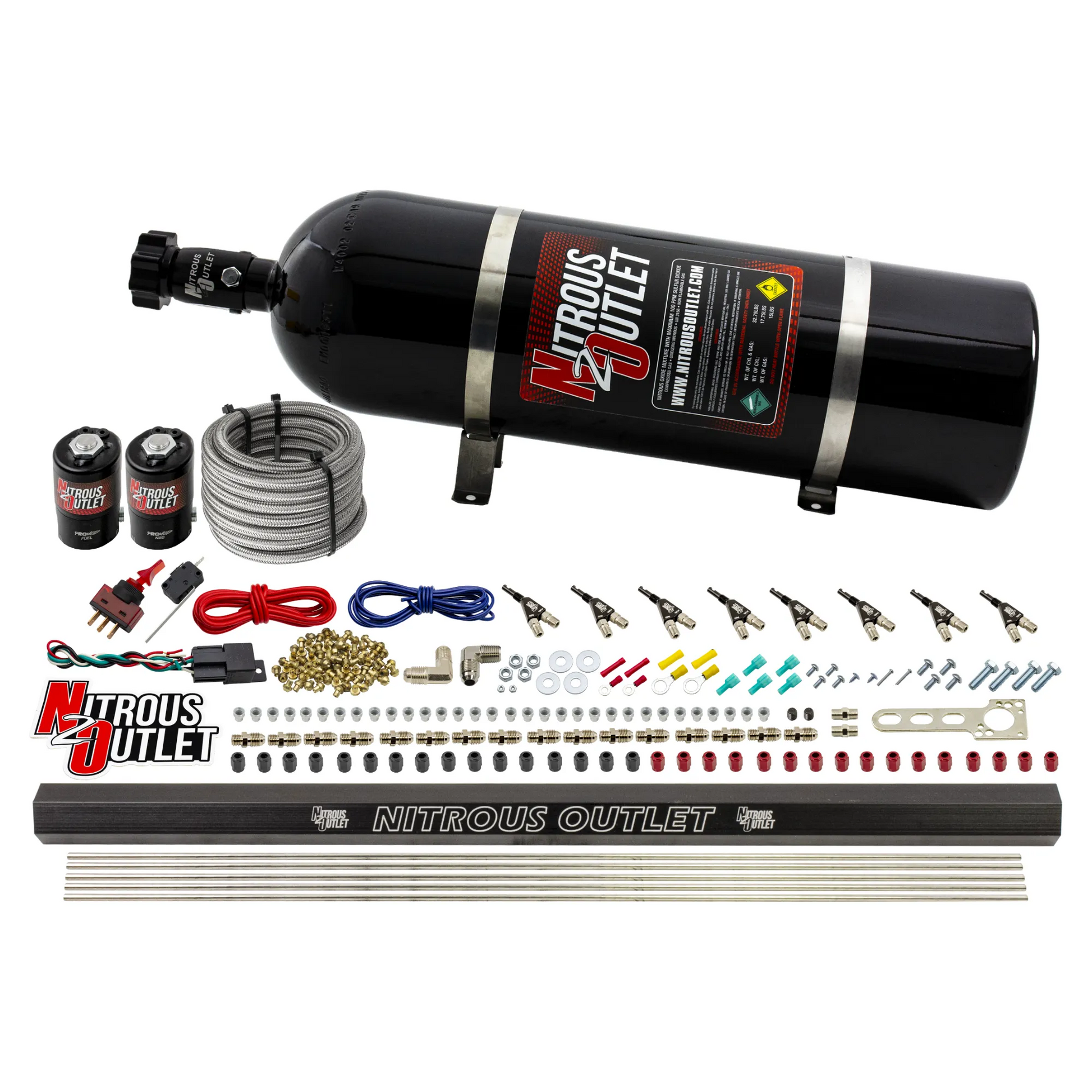 Nitrous Outlet 8 Cylinder Direct Port System - .122 Nitrous Solenoid/.310 Fuel Solenoid/Dual Passage Injection Rail/90 Degree Discharge Nozzles (Alcohol)(5-7-10 psi)(100-400HP)(15lb Bottle)