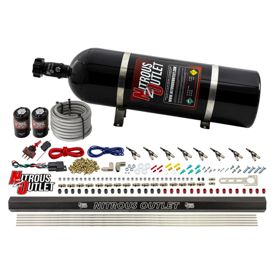 Nitrous Outlet 8 Cylinder Direct Port System - .122 Nitrous Solenoid/.310 Fuel Solenoid/Dual Passage Injection Rail/90 Degree Discharge Nozzles (Alcohol)(5-7-10 psi)(100-400HP)(15lb Bottle)