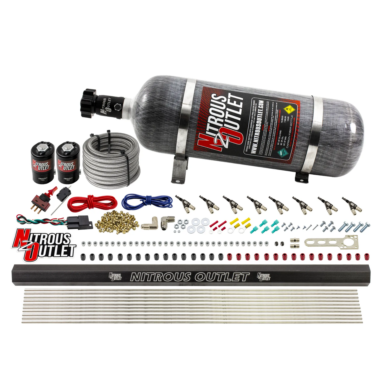 Nitrous Outlet 8 Cylinder Direct Port System - .122 Nitrous Solenoid/.310 Fuel Solenoid/Dual Passage Injection Rail/90 Degree Discharge Nozzles (Gas)(5-7-10 psi)(100-400HP)(12lb Bottle)
