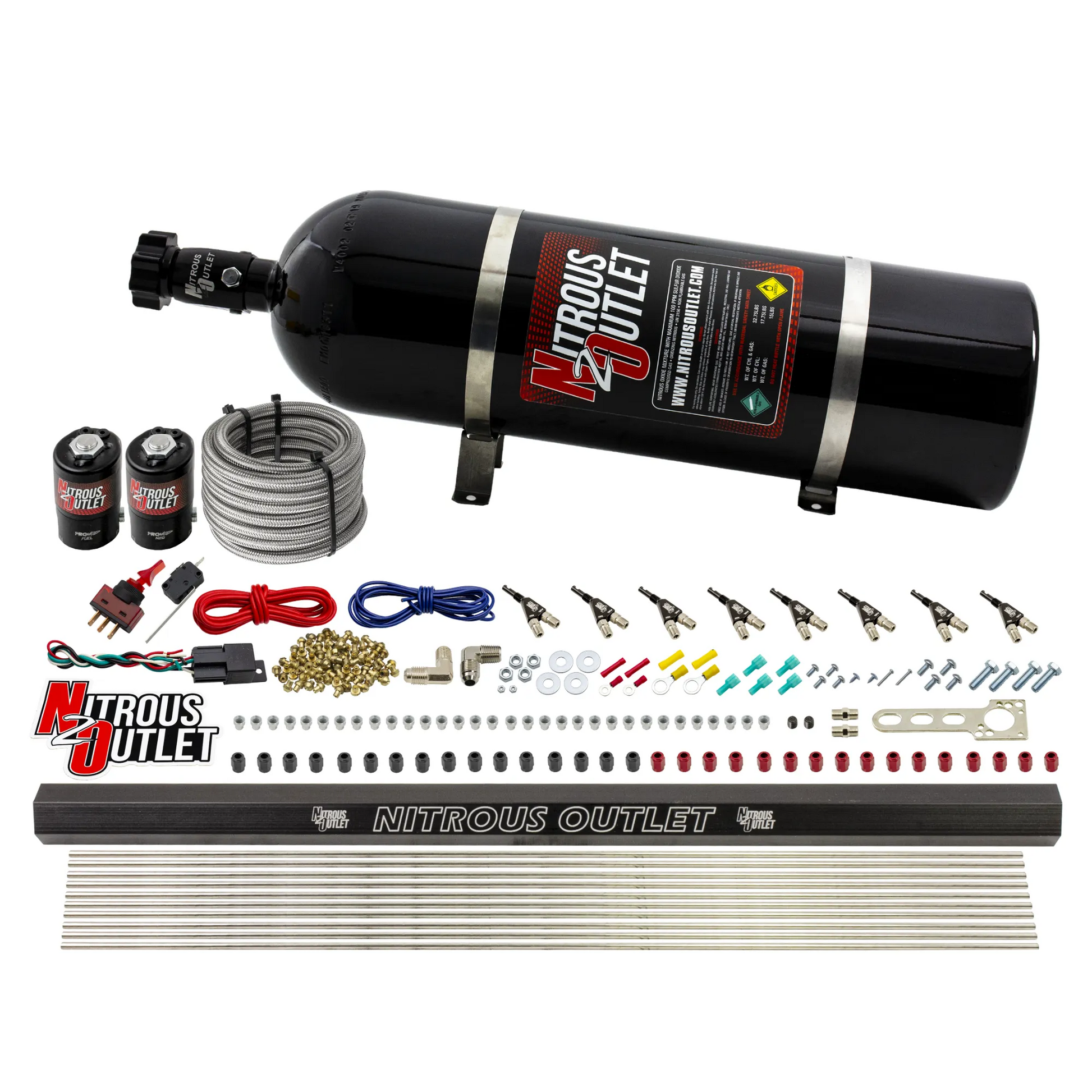 Nitrous Outlet 8 Cylinder Direct Port System - .122 Nitrous Solenoid/.310 Fuel Solenoid/Dual Passage Injection Rail/90 Degree Discharge Nozzles (Gas)(5-7-10 psi)(100-400HP)(15lb Bottle)