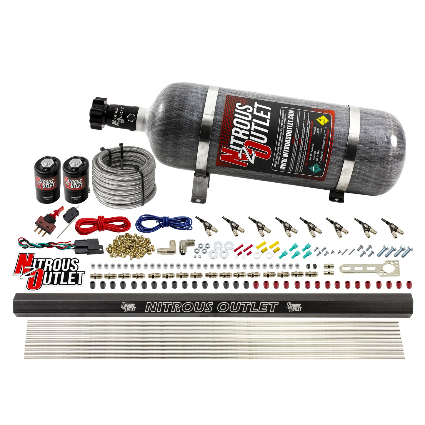 Nitrous Outlet 8 Cylinder Direct Port System - .122 Nitrous Solenoid/.310 Fuel Solenoid/Dual Passage Injection Rail/90 Degree Discharge Nozzles (E85)(45-55 psi)(100-400HP)(12lb Bottle)