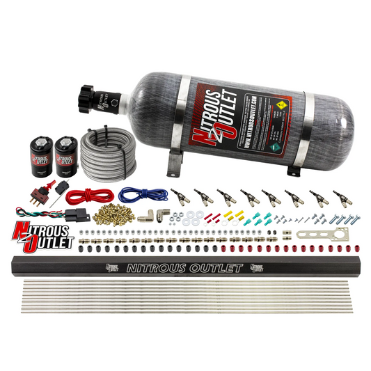 Nitrous Outlet 8 Cylinder Direct Port System - .122 Nitrous Solenoid/.310 Fuel Solenoid/Dual Passage Injection Rail/90 Degree Discharge Nozzles (E85)(45-55 psi)(100-400HP)(12lb Bottle)