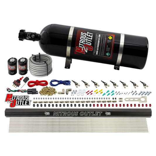 Nitrous Outlet 8 Cylinder Direct Port System - .122 Nitrous Solenoid/.310 Fuel Solenoid/Dual Passage Injection Rail/90 Degree Discharge Nozzles (E85)(45-55 psi)(100-400HP)(15lb Bottle)