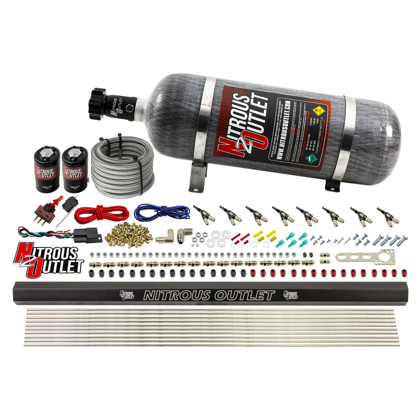 Nitrous Outlet 8 Cylinder Direct Port System - .122 Nitrous Solenoid/.310 Fuel Solenoid/Dual Passage Injection Rail/90 Degree Discharge Nozzles (Gas)(45-55 psi)(100-400HP)(12lb Bottle)