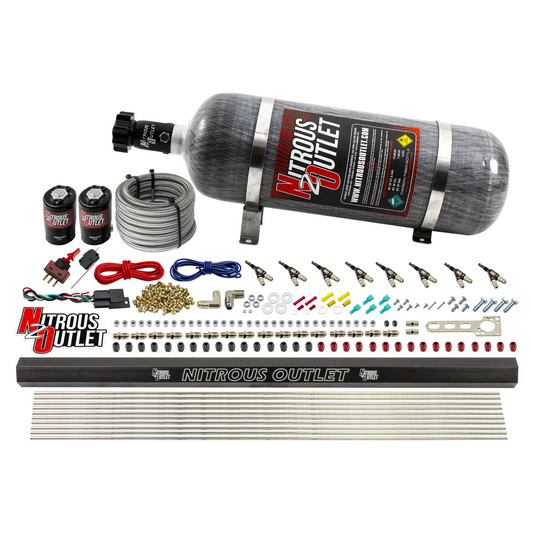 Nitrous Outlet 8 Cylinder Direct Port System - .122 Nitrous Solenoid/.310 Fuel Solenoid/Dual Passage Injection Rail/90 Degree Discharge Nozzles (Gas)(45-55 psi)(100-400HP)(12lb Bottle)